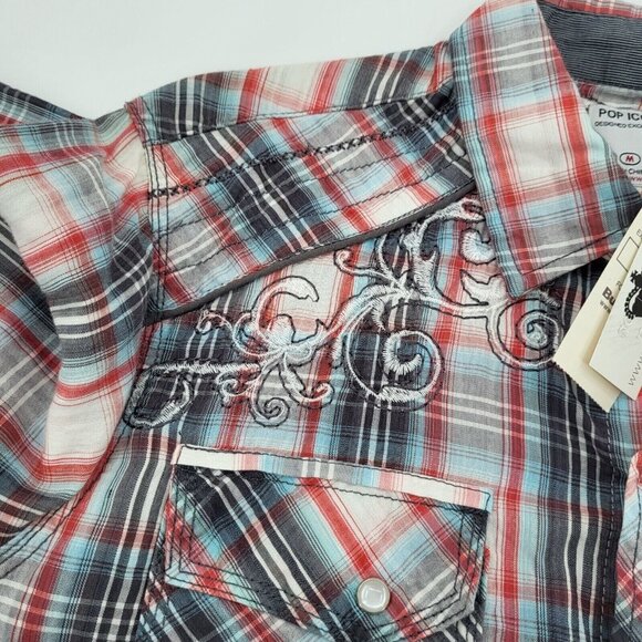 The Buckle Pearl Snap Shirt Mens Medium Red Blue‎ Plaid Icon Western Embroidered - Picture 10 of 11